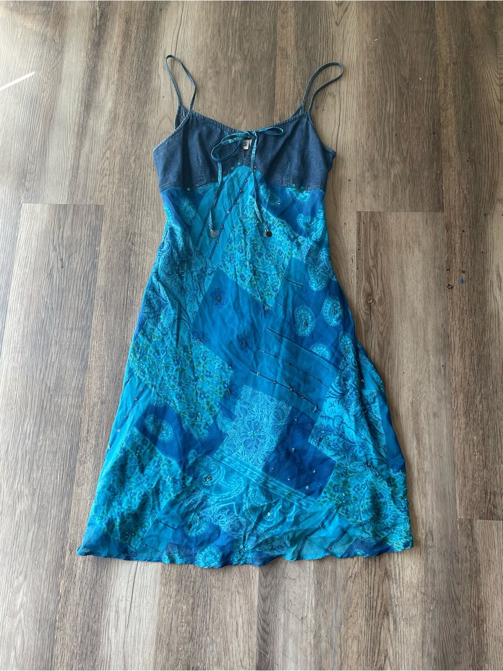 Bohemian Teal Patchwork Midi Slip Dress with Spaghetti Straps